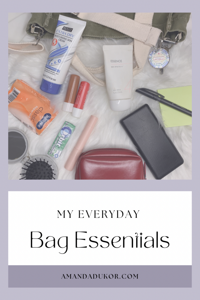 Pinterest Pin graphics showing everyday bag essentials 