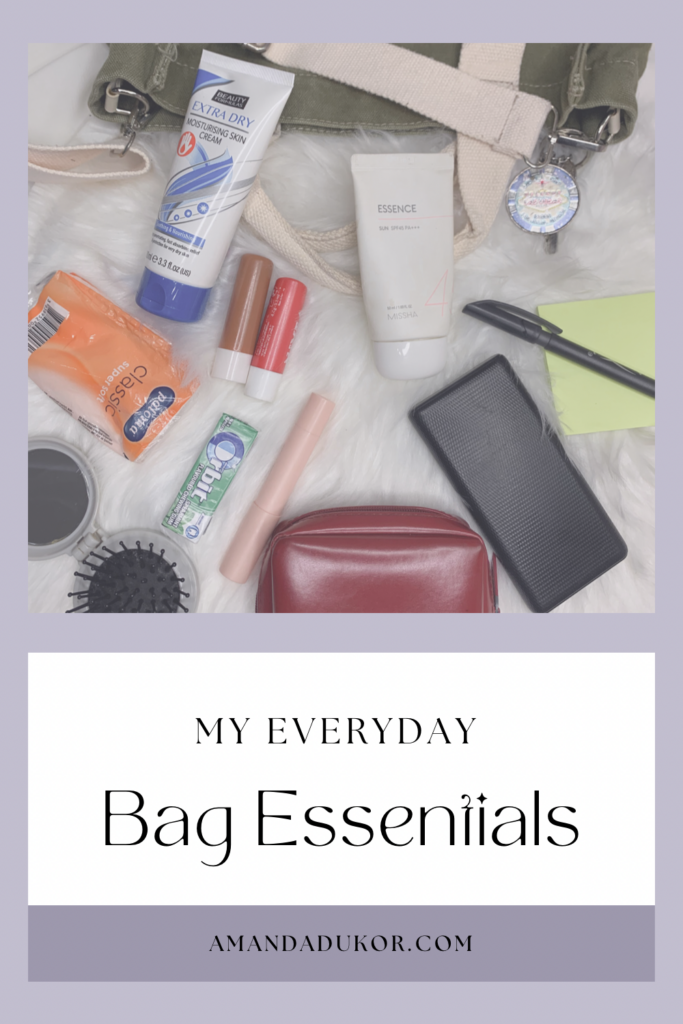 Pinterest Pin graphics showing everyday bag essentials