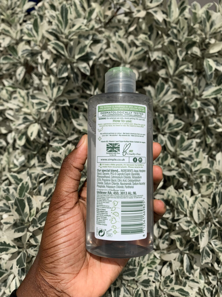 Image of the Simple Micellar Cleansing water showing the Ingredients and Product description